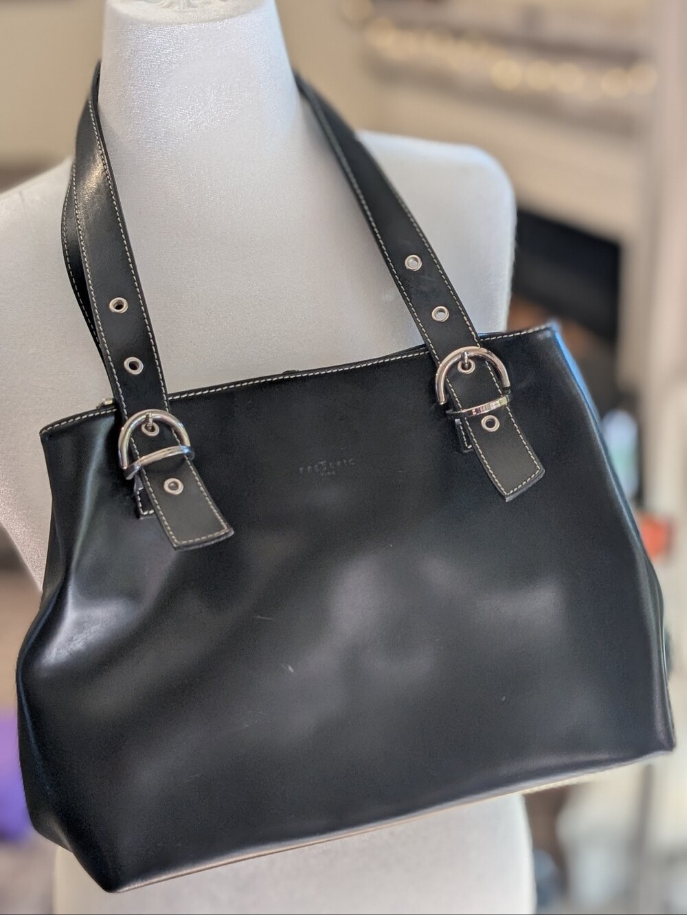 Frederic T Paris Matte Black Patent Leather Tote with Buckle Straps